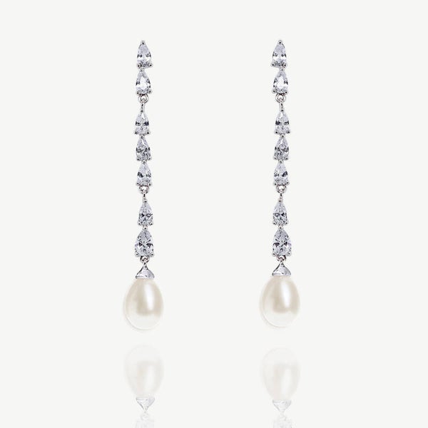 Melbourne Crystal Long Drop Pearl Earrings - Ivory & Co