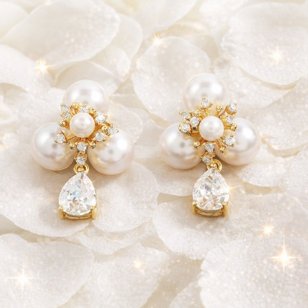 CZ Gold White Pearl Bridal Three Pearl Earrings