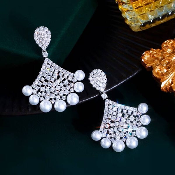 Pearl & Crystal Fan Shaped Earrings