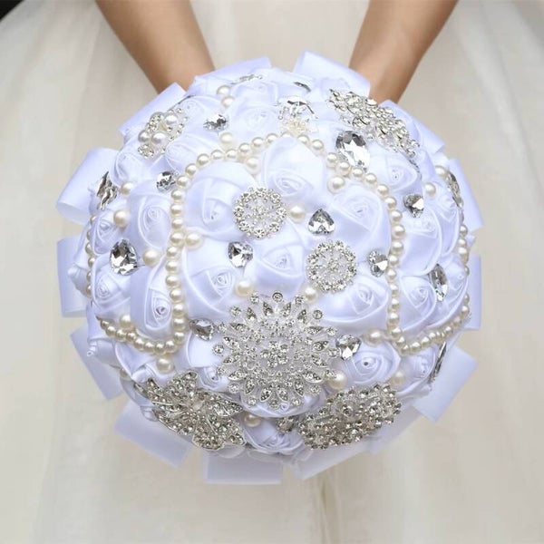 White Satin Roses  Pearl & Crystal Bridal Bouquet