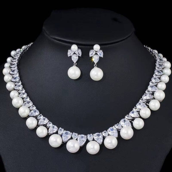 Pearl & Cubic Zirconia Necklace & Earrings Set