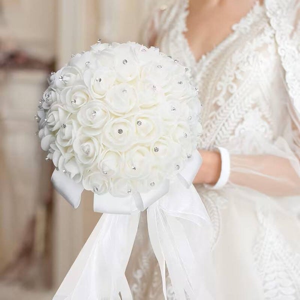 Diamante Crystal Bridal Artificial Flower White Bouquet