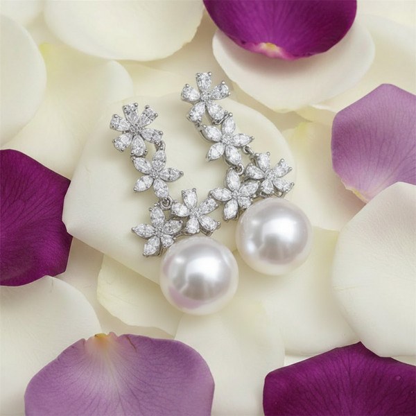Cubic Zirconia Cluster White Pearl Drop Earrings