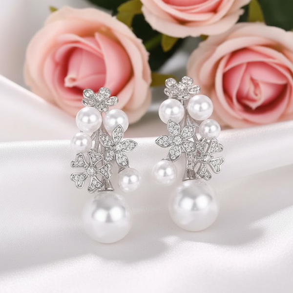 Bridal Drop CZ Pearl Earrings Clusters Flowers
