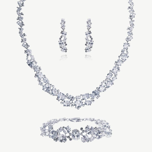 The Peninsula Crystal Cluster Necklace Earrings Bracelet Set - Ivory & Co