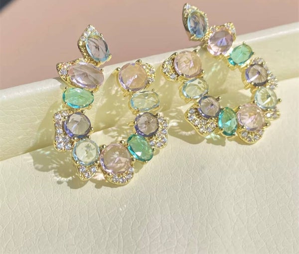 Pink Blue Green Purple Crystal Stud Circular Shape Earrings