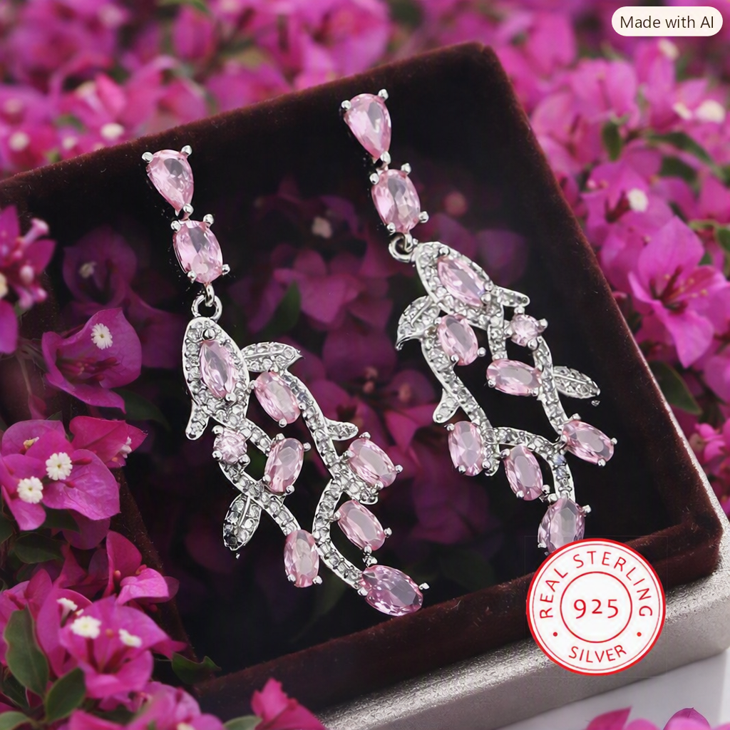925  Sterling Silver Pink Crystal Cubic Zirconia Chandelier Earrings