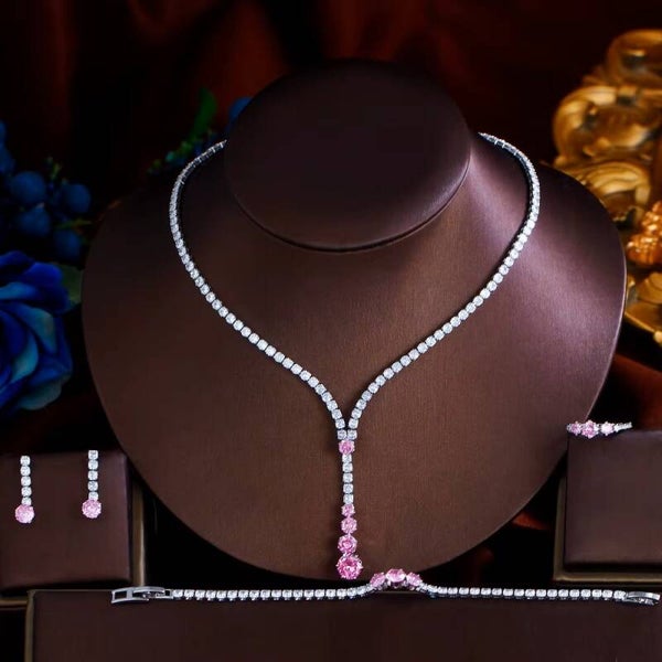 Pink Crystal Pendant Cubic Zirconia Necklace Earrings Set