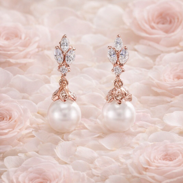 Elegant Pearl & Crystal Cubic Zirconia Rose Gold Drop Earrings for Women, Brides, Weddings