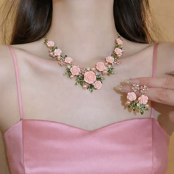 Handmade Pink Rose Purple Multi-Colour Floral Necklace Earrings Set