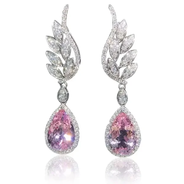 Pink Cubic Zirconia Dangle Teardrop Earrings- Sparkling Silver White Clearr