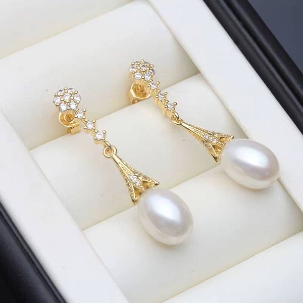Freshwater Pearl Cubic Zirconia Long Drop Bridal Earrings