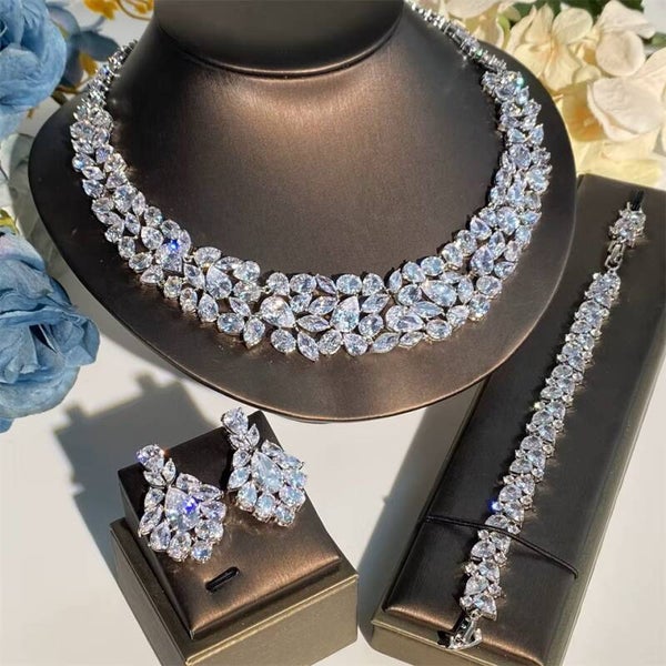 Cubic Zirconia Statement Necklace & Earrings Bridal Jewellery Set