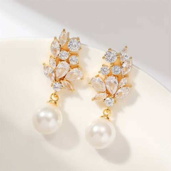 Bridal Cubic Zirconia Cluster Pearl Drop Dangle Earrings