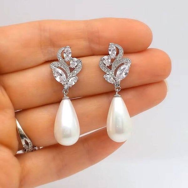 Crystal Pearl Drop Earrings in Cubic Zirconia,