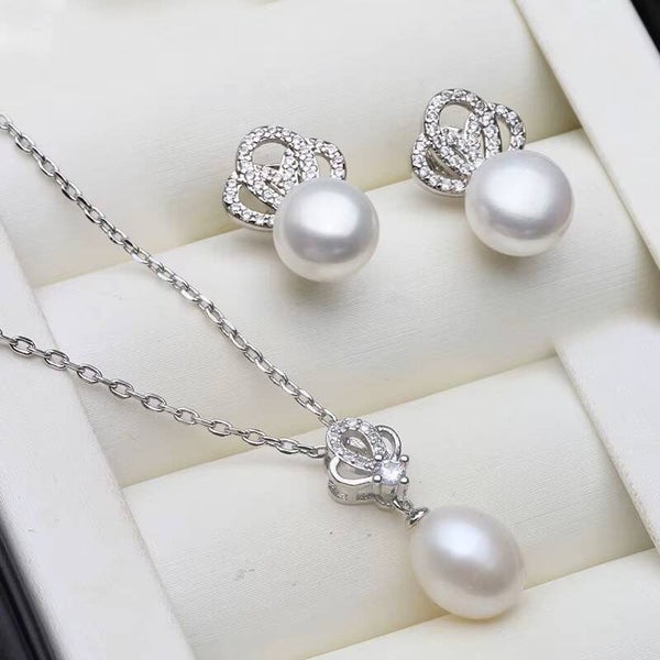 Freshwater Pearl Necklace Earring Set 925 Silver Jewelry Set