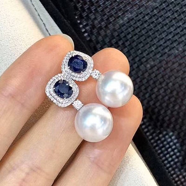 Crystal Blue Pearl Drop Earrings  in Cubic Zirconia