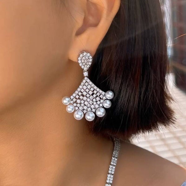 Cubic Zirconia & Pearl Bridal Fan Shape Dangle Earrings