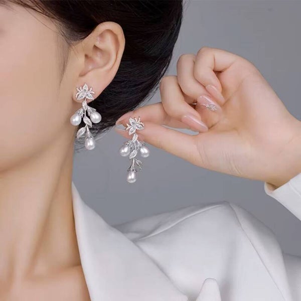 Pearl Silver Bridal  & Cubic Zirconia Crystal Earrings