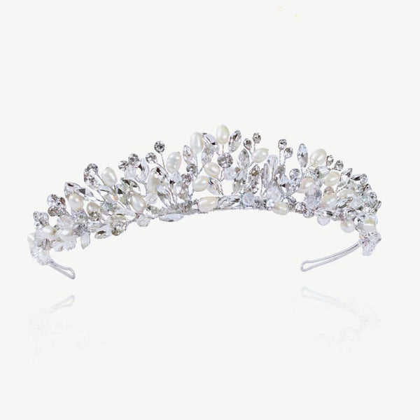 Silver Embrace- Pearl Floral Crystal Bridal Tiara