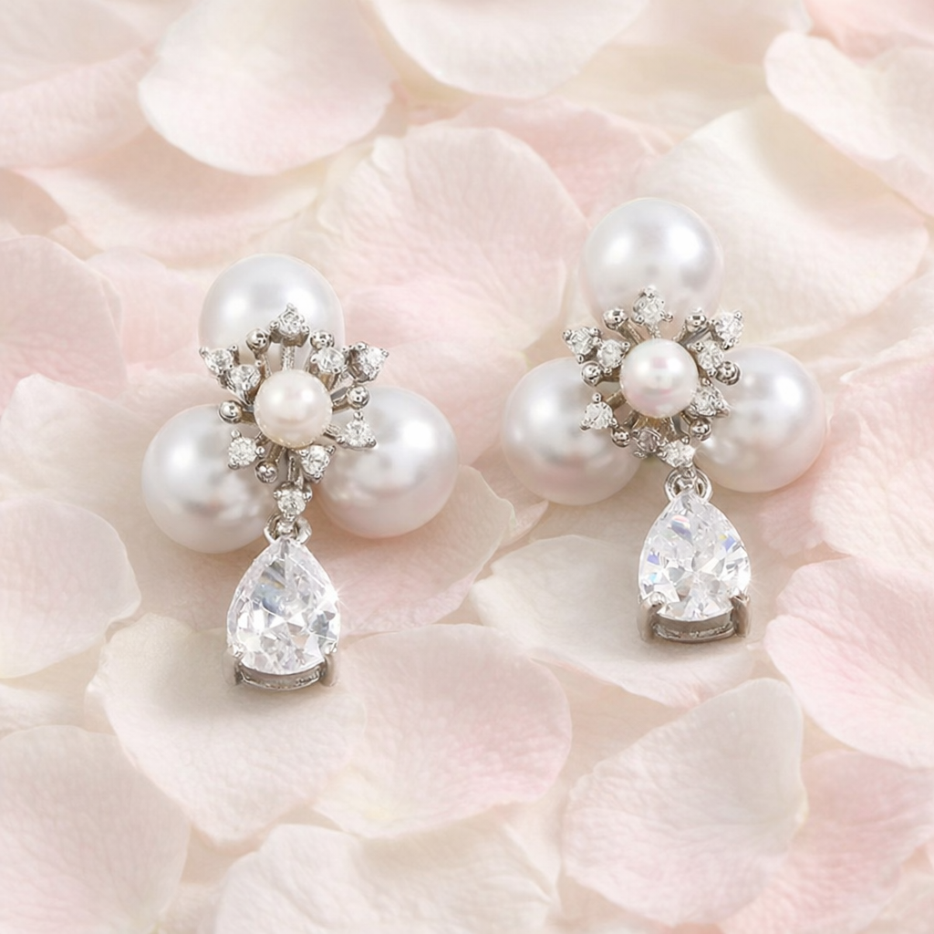 White Bridal Cubic Zirconia Dangle Drop Three Pearl Earrings - Silver