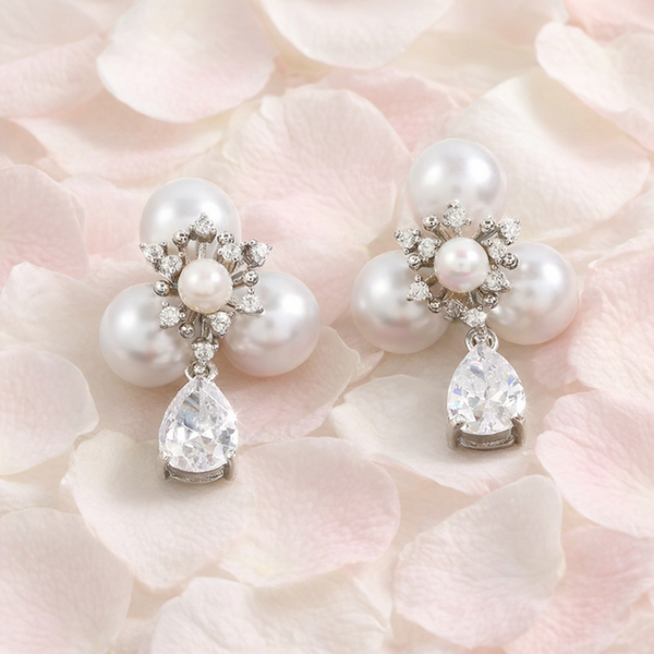 White Bridal Cubic Zirconia Dangle Drop Three Pearl Earrings - Silver