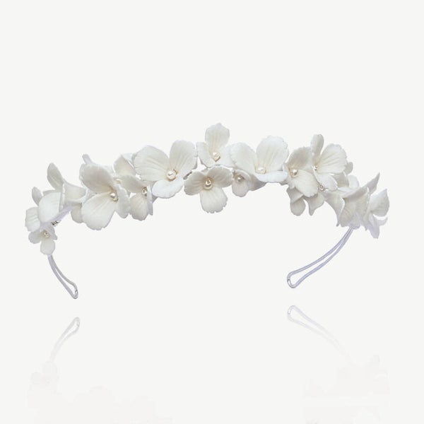 Silver Wildflower Ceramic Pearl Bridal Tiara