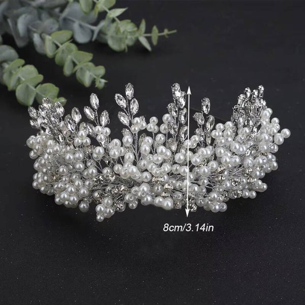 Silver Pearl & Crystal Bridal Tiara – Elegant Floral Crown for Modern Brides