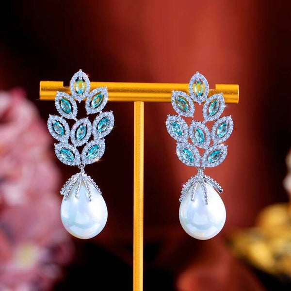Pearl & Blue Green Marquise Crystal Drop Earrings