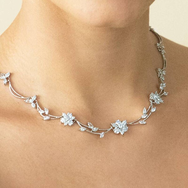 Waterlily Rhodium Plated Floral Crystal Wedding Necklace