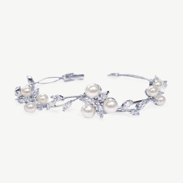 Waterlily Rhodium Plated Floral Crystal Pearl Bracelet