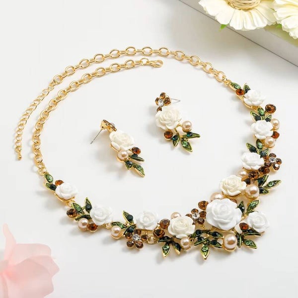 Floral Rose Floral Necklace & Earrings Set