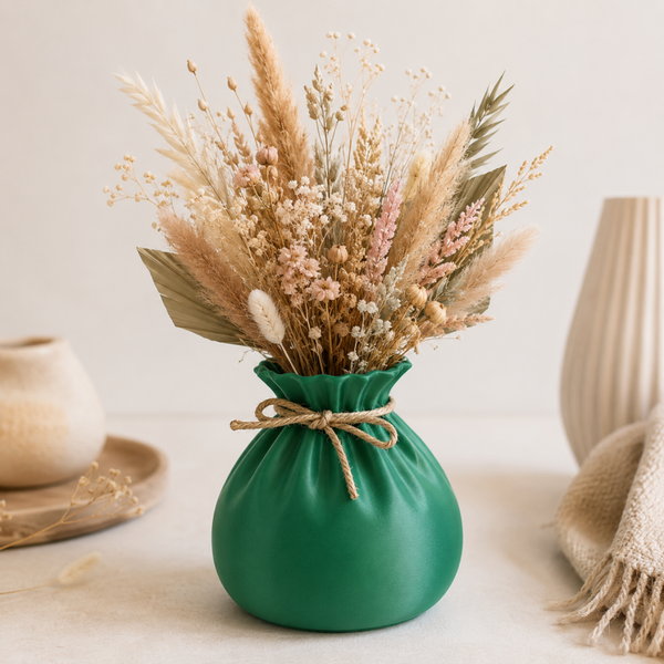Groene vaas met droogbloemen