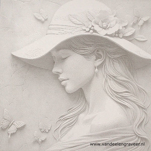 Damen met hoed op hout gegraveerd