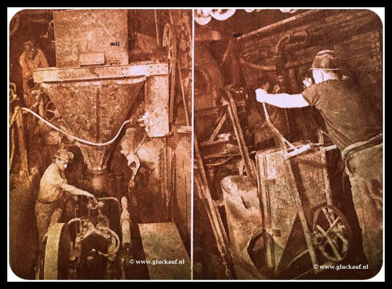 Links de beton pomp die het beton achter de bekisting brengt.Op de rechter foto een kruiwagen na kruiwagen wordt omgekiept in de bak van de betonmolen Op 540m.© Cals/www.gluckauf.nl