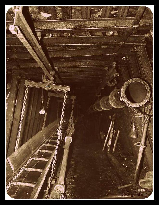 Ondergrondse toevoergalerij in de O.N 1. Rechts in het midden een verplaatsbare ventilatorkoker (lottetoer). Linksonder een verplaatsbare kettingtransporteur (Bayerschraper), hangend in een monorailbalk op de transportband.© Doverman/gluckauf
