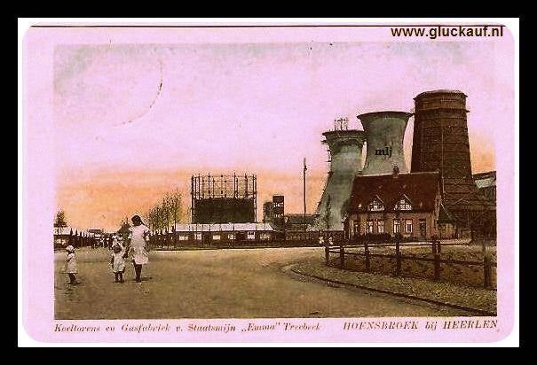 Kleuren kaart uit 1912, met de koeltorens en de gasfabriek van de Stm. Emma.©?./www.gluckauf.nl