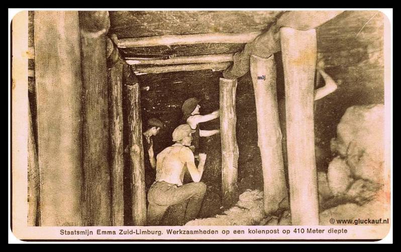 Koempels aan het werk op een kolenpost op 410 meter diepte. Uit 1930. © Gebr. Simons./www.gluckauf.nl