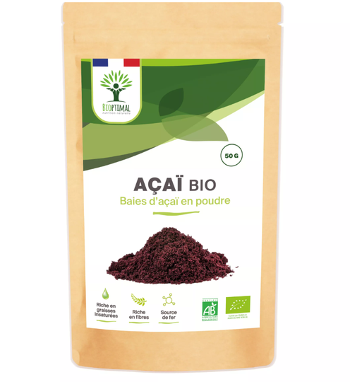 Açaï Bio en Poudre - Superaliment - Fer Oméga 3 Phosphore - Baies Lyophilisées de Qualité Premium - Sans Sucre Ajouté - Conditionné en France - Vegan - 50G