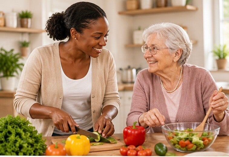 Haushaltshilfe beim gemeinsamen Kochen