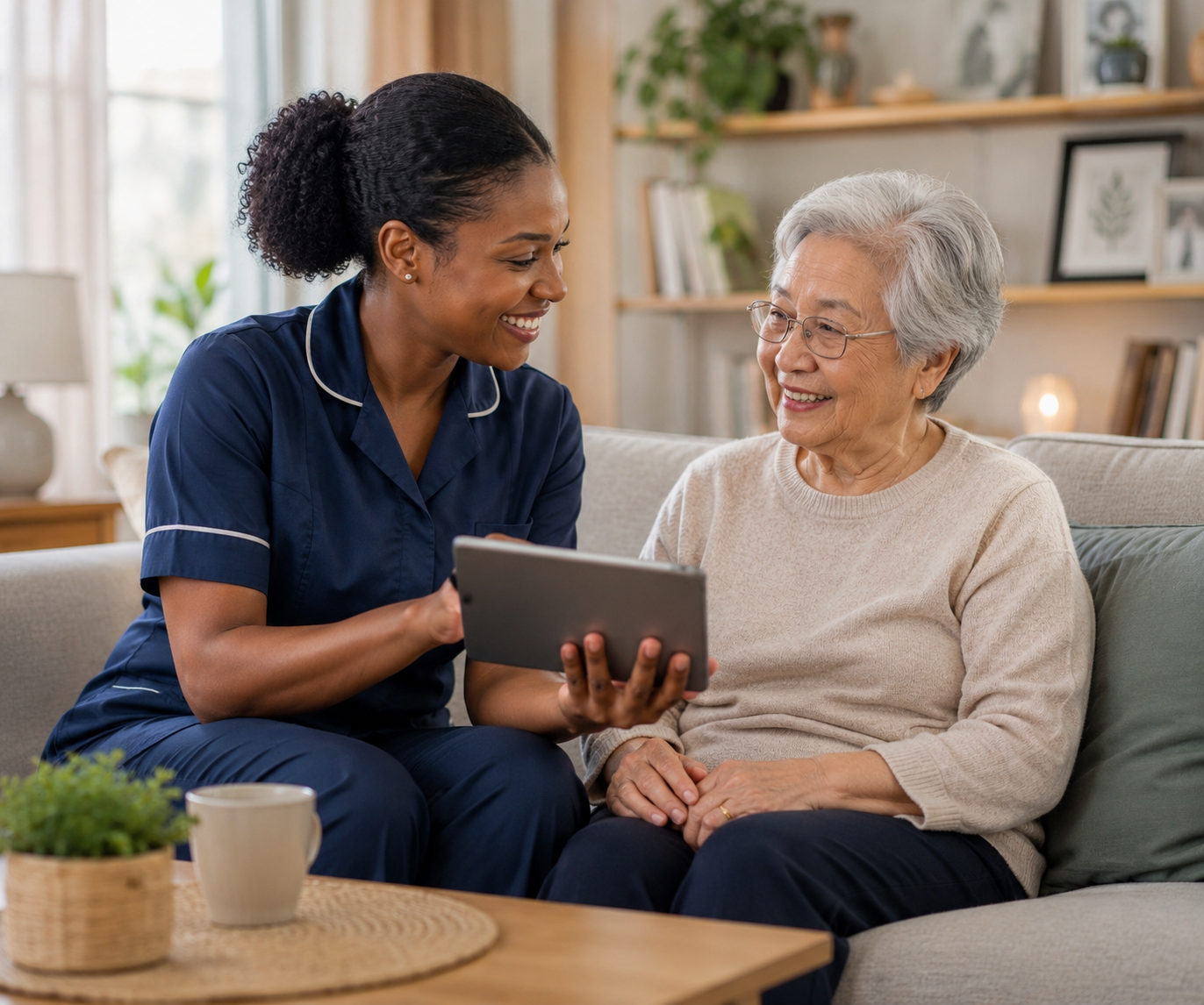 Betreuerin von EasyCare Alltagshilfe im Gespräch mit einer Kundin