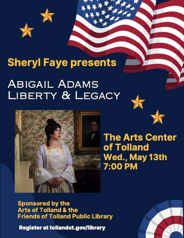 Photo of Sheryl Faye dressed as Abigail Adams with American Flag, stars and text.