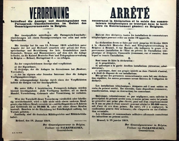 Affiche allemande ww1 poste téléphone Bruxelles janvier 1918