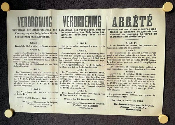 Affiche allemande originale ww1 "arrêté" Bruxelles octobre 1916 ravitaillement