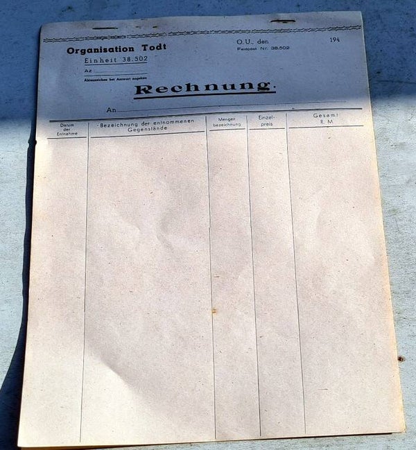 Carnet Bon commande/facture matériel ORGANISATION TODT OBL Nordwest bunker WW2