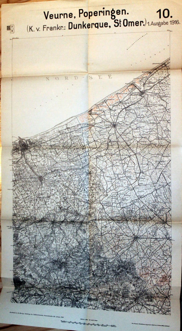 Carte militaire allemande daté 1916 France secteur 10 "Dunkerque st-Omer"