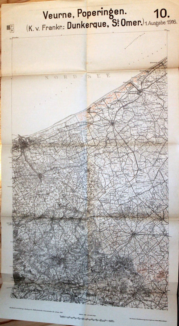 Carte militaire allemande daté 1916 France secteur 10 Dunkerque