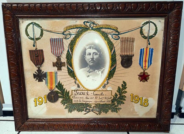Diplôme avec 5 médailles soldat 124éme + 114éme RI ww1