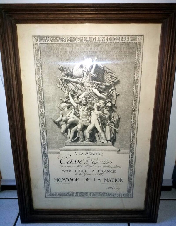 Diplôme poilu 104éme régiment artillerie lourde mort pour la France 1918 ww1