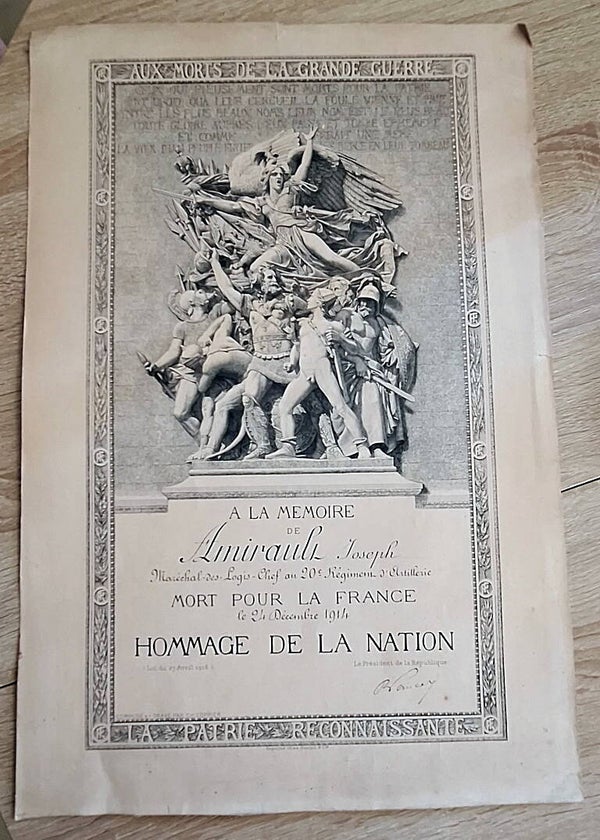 Diplôme Sous-Officier mort pour la France 20éme Régiment Artillerie de Campagne 24 décembre 1914 Zonnebeke (Ypres) Belgique
